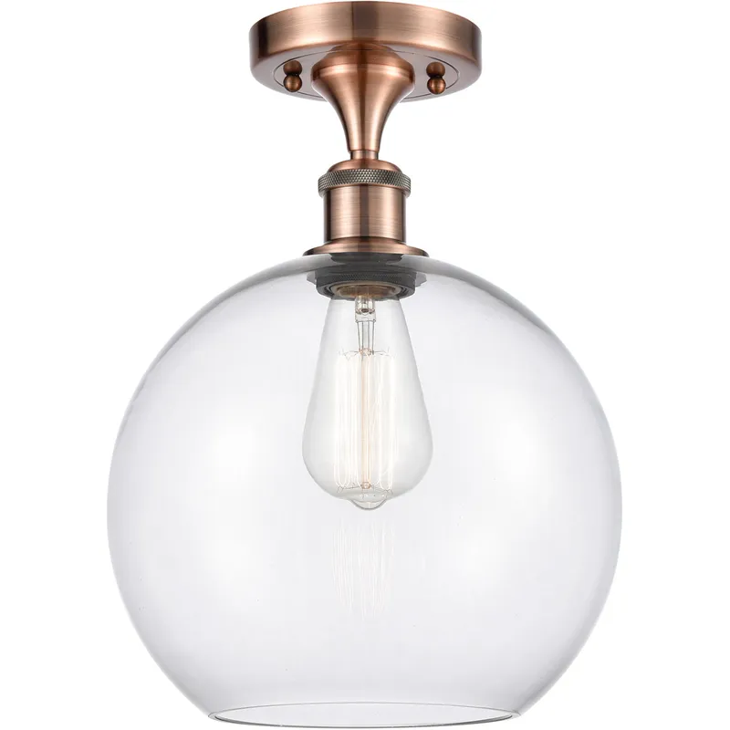 Ballston Large Athens LED 10 inch Antique Copper Semi-Flush Mount Ceiling Light in Clear Glass, Ballston