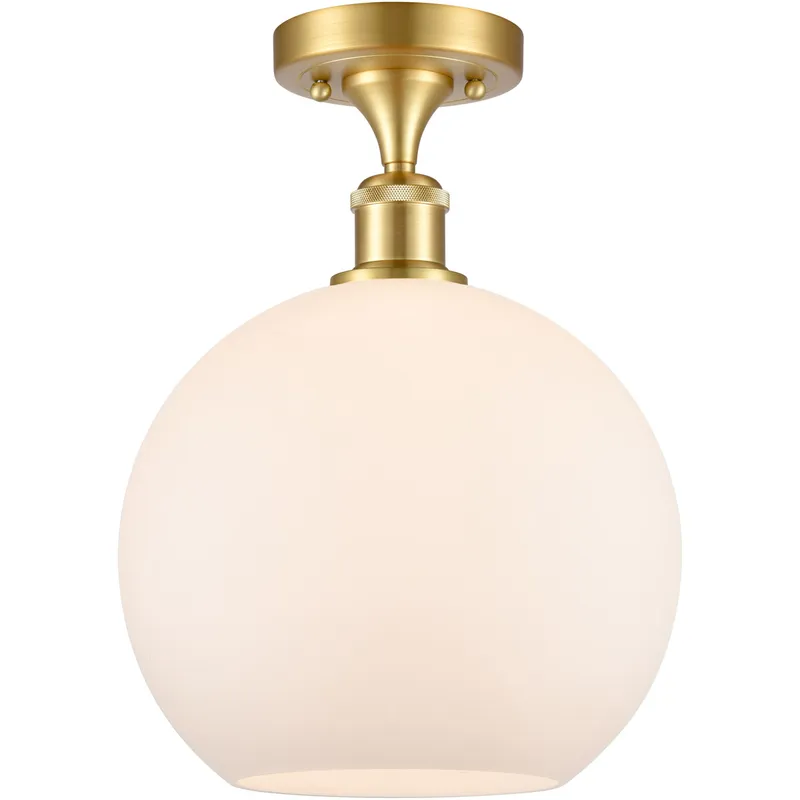 Ballston Large Athens LED 10 inch Satin Gold Semi-Flush Mount Ceiling Light in Matte White Glass, Ballston