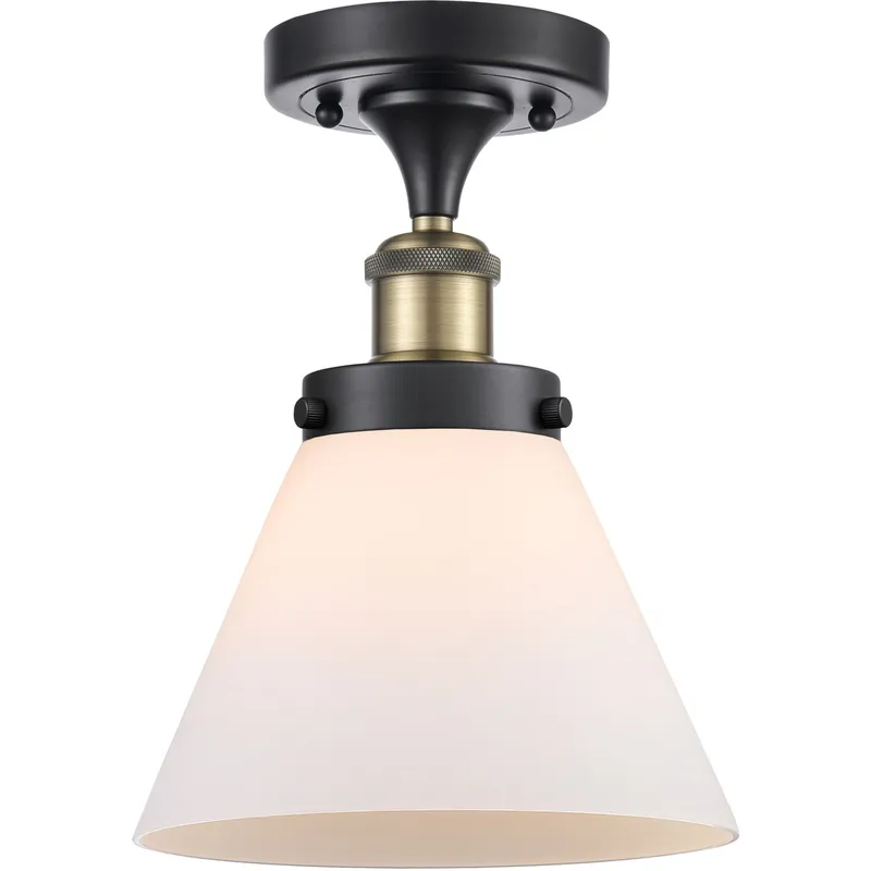 Ballston Large Cone LED 8 inch Black Antique Brass Semi-Flush Mount Ceiling Light in Matte White Glass