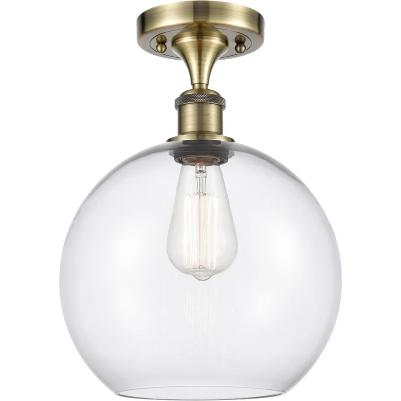Ballston Large Athens LED 10 inch Antique Brass Semi-Flush Mount Ceiling Light in Clear Glass, Ballston
