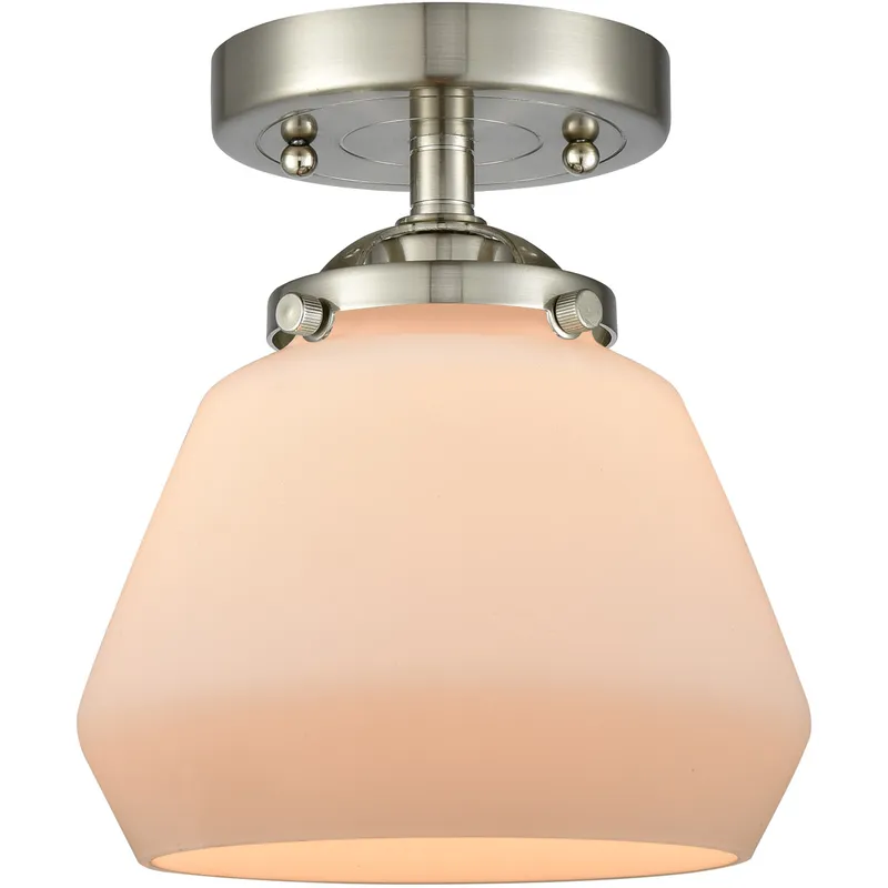 Nouveau Fulton LED 7 inch Brushed Satin Nickel Semi-Flush Mount Ceiling Light in Matte White Glass, Nouveau