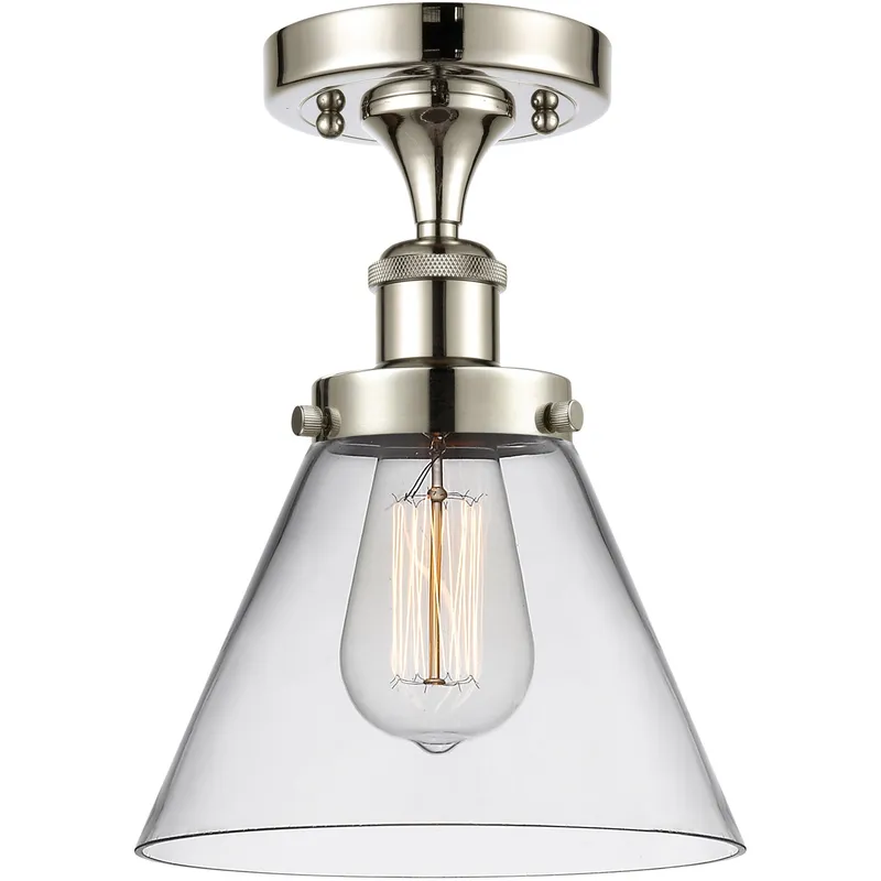 Ballston Large Cone LED 8 inch Polished Nickel Semi-Flush Mount Ceiling Light in Clear Glass