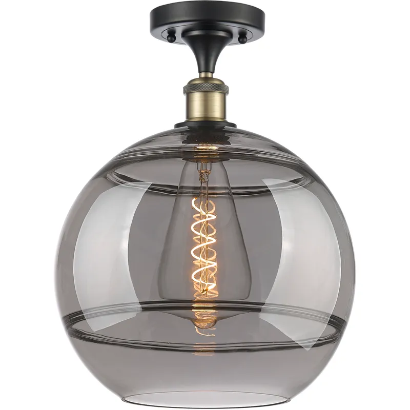 Edison Rochester 1 Light 12 inch Black Antique Brass Semi-Flush Mount Ceiling Light in Light Smoke Glass