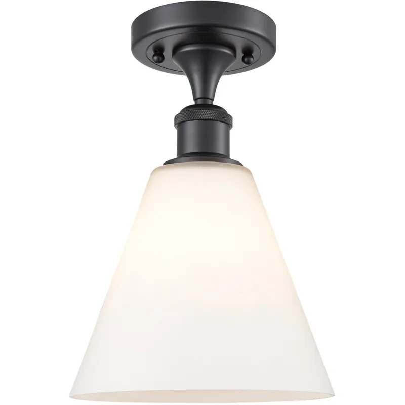 Ballston Cone 1 Light 8 inch Matte Black Semi-Flush Mount Ceiling Light in Matte White Glass