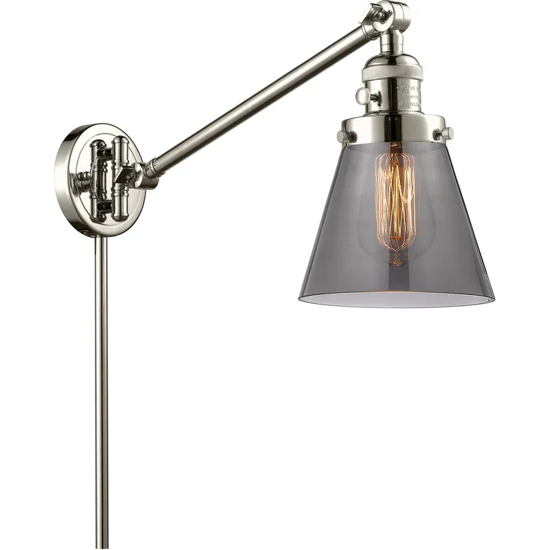 Small Cone 21 inch 60 watt Polished Nickel Swing Arm Wall Light in Light Smoke Glass, Franklin Restoration