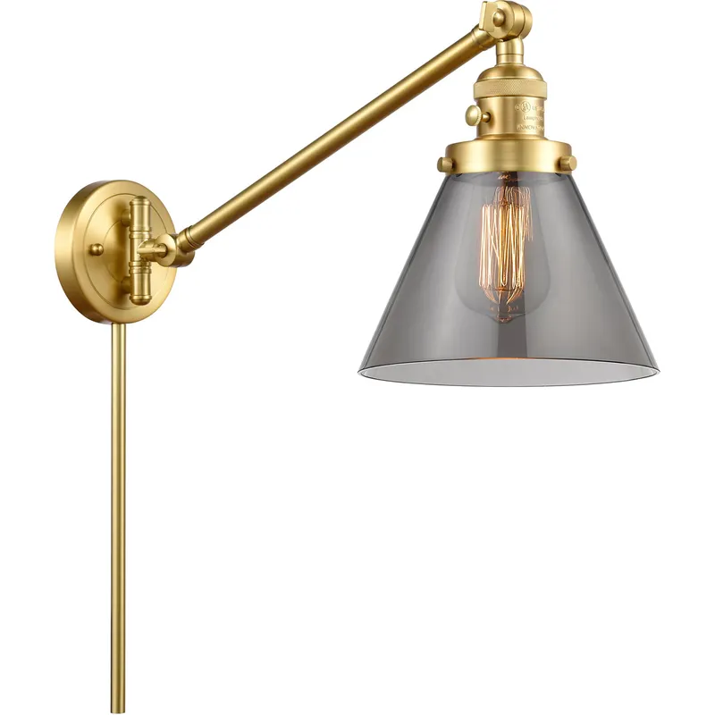Large Cone 30 inch 60 watt Satin Gold Swing Arm Wall Light in Light Smoke Glass, Franklin Restoration