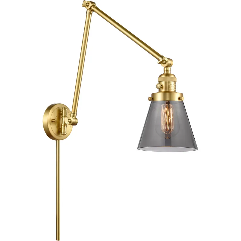 Small Cone 30 inch 60 watt Satin Gold Swing Arm Wall Light in Light Smoke Glass, Franklin Restoration