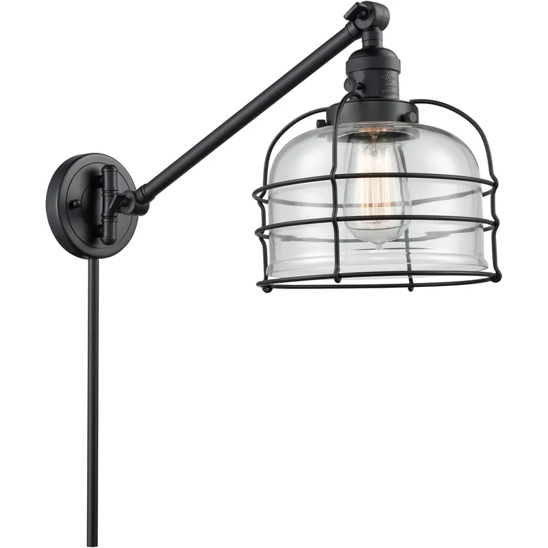 Large Bell Cage 21 inch 3.5 watt Matte Black Swing Arm Wall Light in Clear with Cage, Franklin Restoration