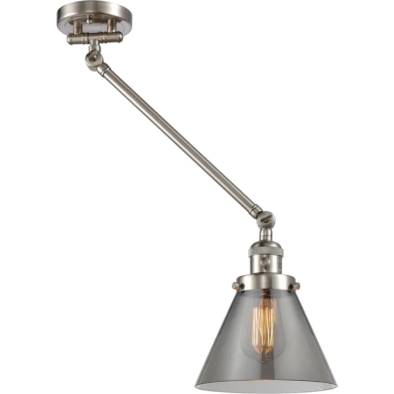 Large Cone 30 inch 60 watt Brushed Satin Nickel Swing Arm Wall Light in Light Smoke Glass, Franklin Restoration