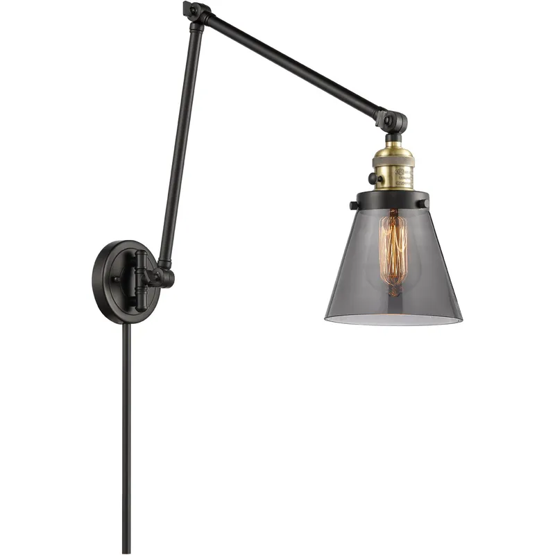 Small Cone 30 inch 60 watt Black Antique Brass Swing Arm Wall Light in Light Smoke Glass, Franklin Restoration