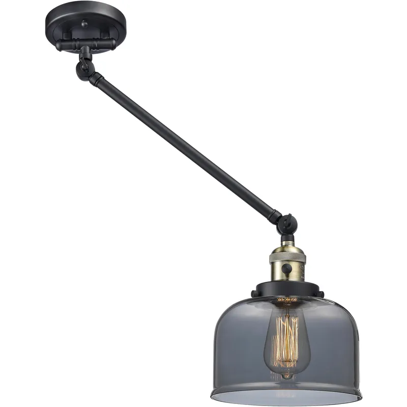 Large Bell 21 inch 60 watt Black Antique Brass Swing Arm Wall Light in Light Smoke Glass, Franklin Restoration