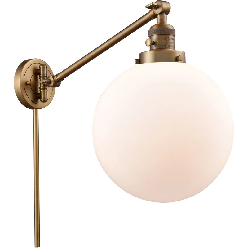 X-Large Beacon 18 inch 3.5 watt Brushed Brass Swing Arm Wall Light in Matte White Glass, Franklin Restoration