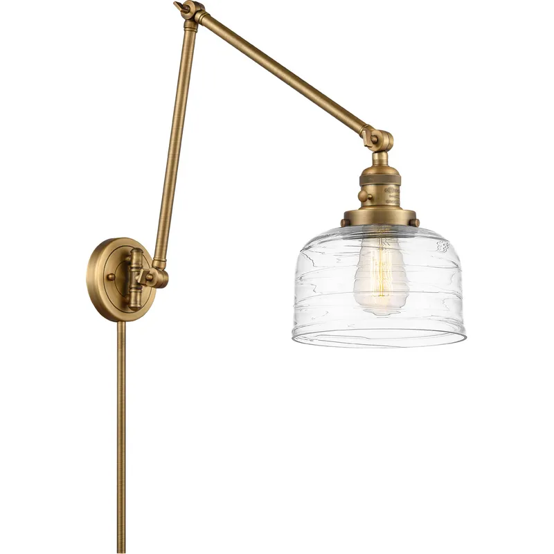 Franklin Restoration Bell 30 inch 100 watt Brushed Brass Swing Arm Wall Light in Clear Deco Swirl Glass