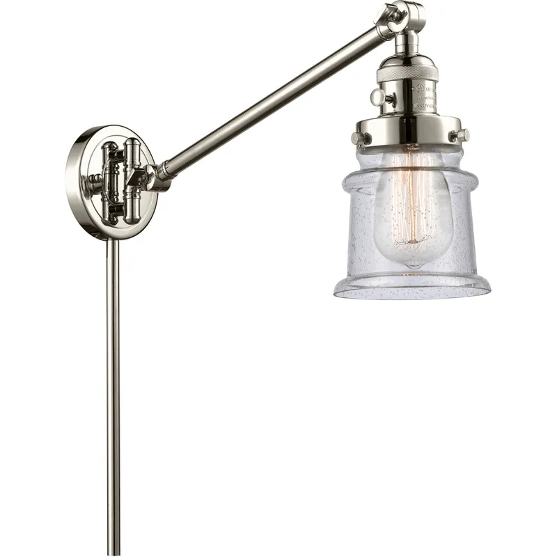 Small Canton 35 inch 3.5 watt Polished Nickel Swing Arm Wall Light in Seedy Glass, Franklin Restoration