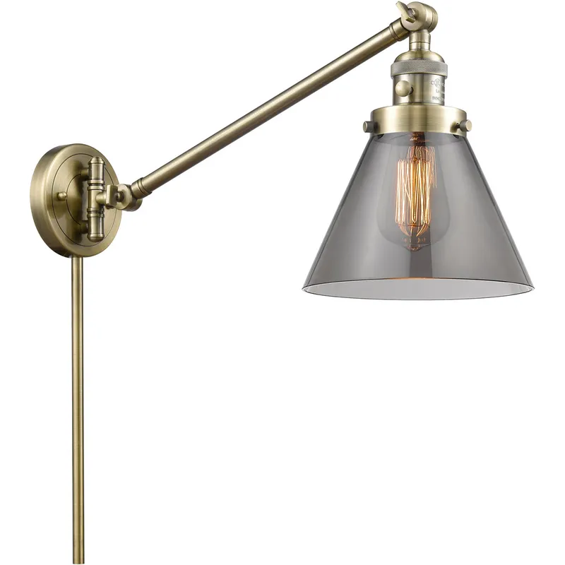 Large Cone 30 inch 60 watt Antique Brass Swing Arm Wall Light in Light Smoke Glass, Franklin Restoration