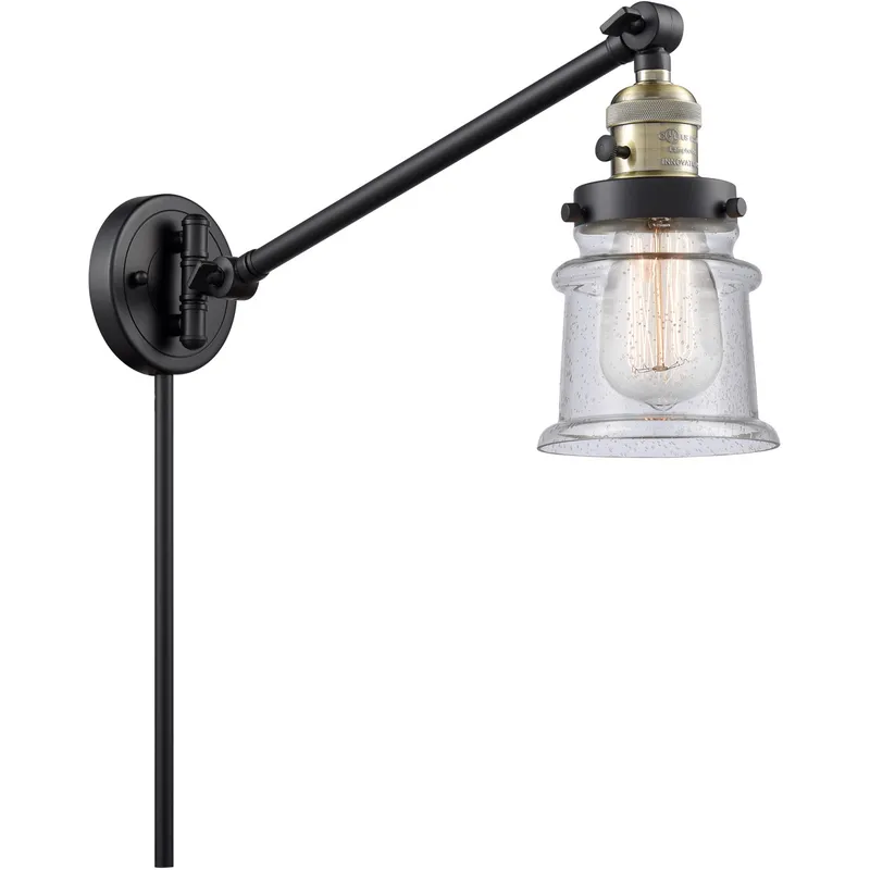 Small Canton 35 inch 3.5 watt Black Antique Brass Swing Arm Wall Light in Seedy Glass, Franklin Restoration