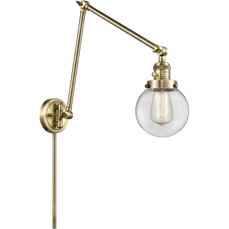 Beacon 30 inch 3.5 watt Antique Brass Swing Arm Wall Light in Clear Glass, Franklin Restoration