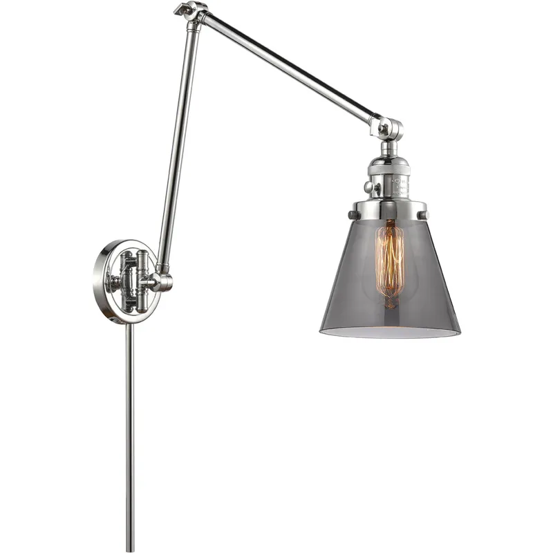 Small Cone 30 inch 60 watt Polished Chrome Swing Arm Wall Light in Light Smoke Glass, Franklin Restoration