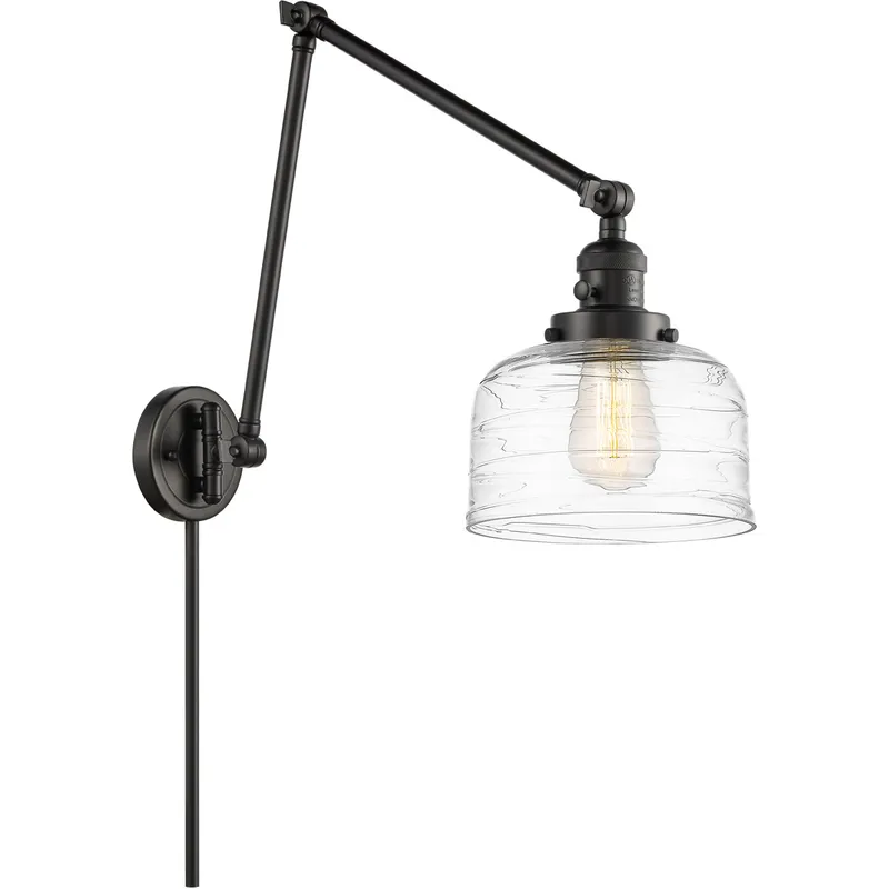 Franklin Restoration Bell 30 inch 100 watt Matte Black Swing Arm Wall Light in Clear Deco Swirl Glass