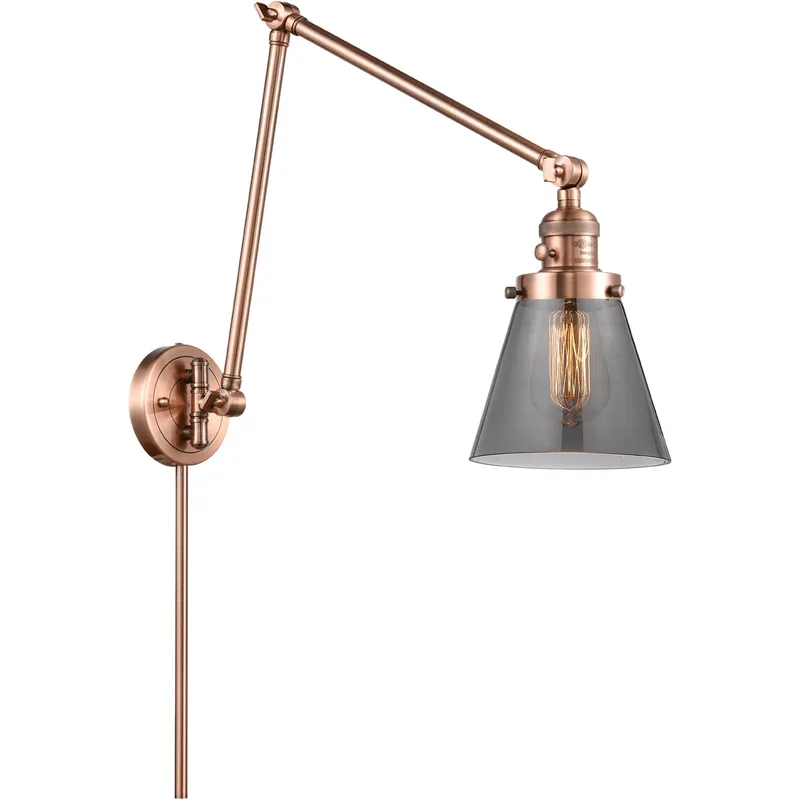 Small Cone 30 inch 60 watt Antique Copper Swing Arm Wall Light in Light Smoke Glass, Franklin Restoration