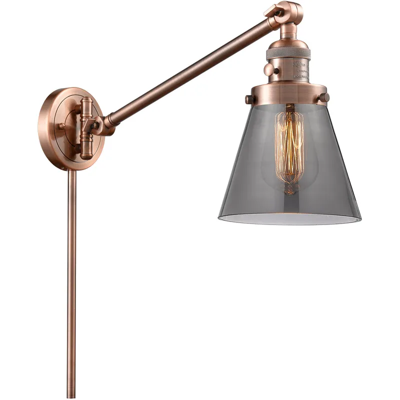 Small Cone 21 inch 60 watt Antique Copper Swing Arm Wall Light in Light Smoke Glass, Franklin Restoration