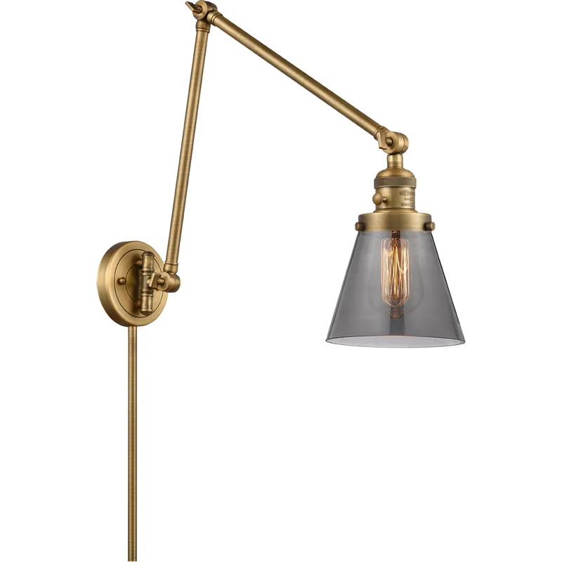 Small Cone 30 inch 60 watt Brushed Brass Swing Arm Wall Light in Light Smoke Glass, Franklin Restoration