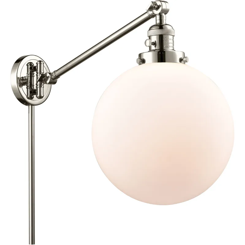 X-Large Beacon 18 inch 3.5 watt Polished Nickel Swing Arm Wall Light in Matte White Glass, Franklin Restoration