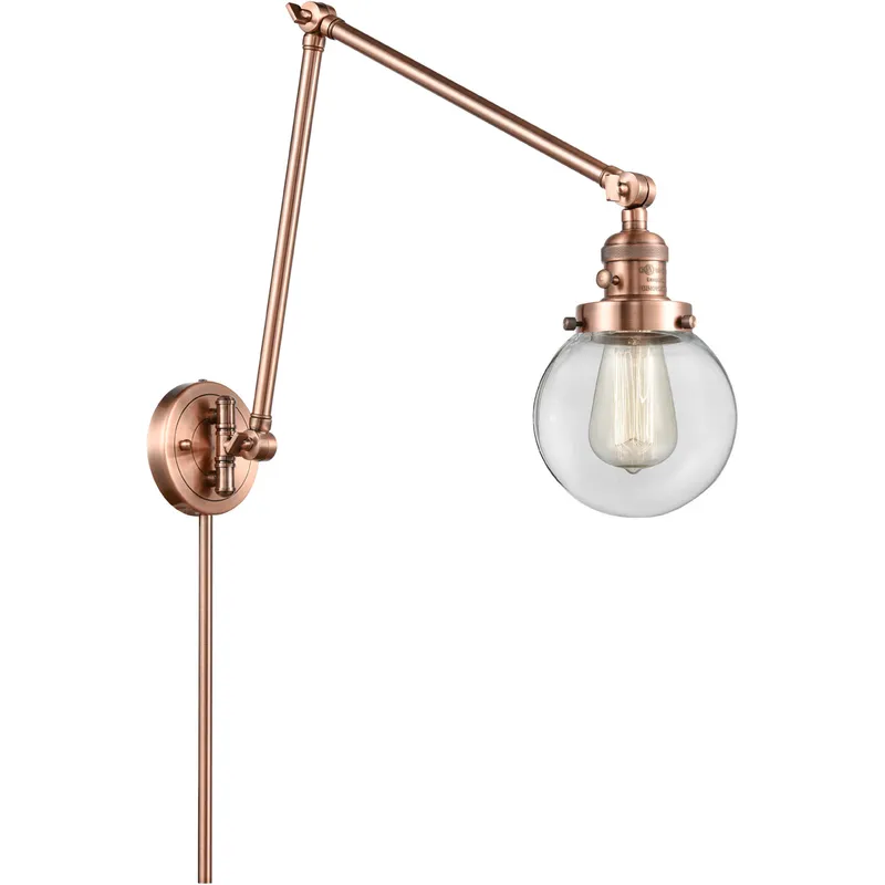 Beacon 30 inch 3.5 watt Antique Copper Swing Arm Wall Light in Clear Glass, Franklin Restoration