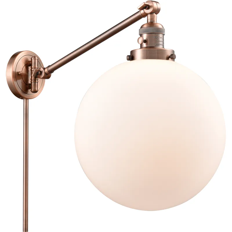 XX-Large Beacon 20 inch 100 watt Antique Copper Swing Arm Wall Light in Matte White Glass, Franklin Restoration