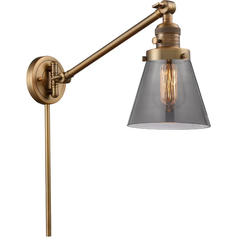 Small Cone 21 inch 60 watt Brushed Brass Swing Arm Wall Light in Light Smoke Glass, Franklin Restoration