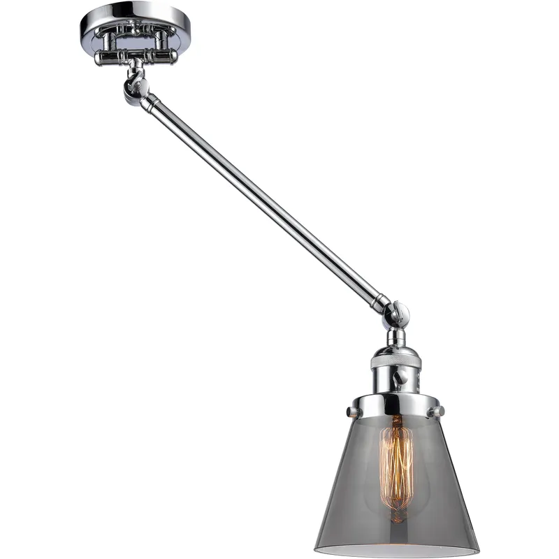 Small Cone 21 inch 60 watt Polished Chrome Swing Arm Wall Light in Light Smoke Glass, Franklin Restoration