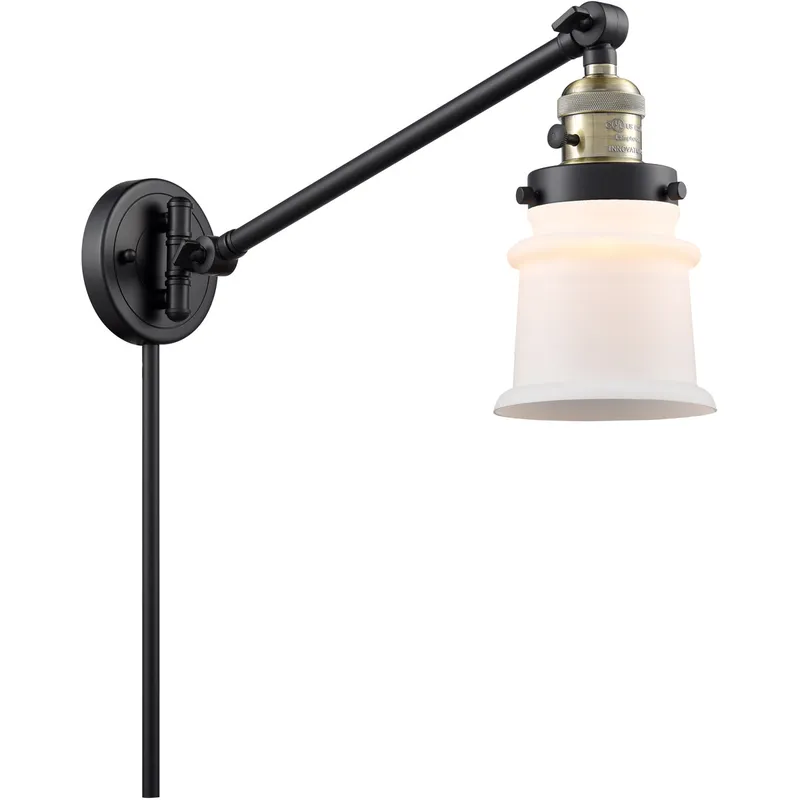 Small Canton 35 inch 3.5 watt Black Antique Brass Swing Arm Wall Light in Matte White Glass, Franklin Restoration