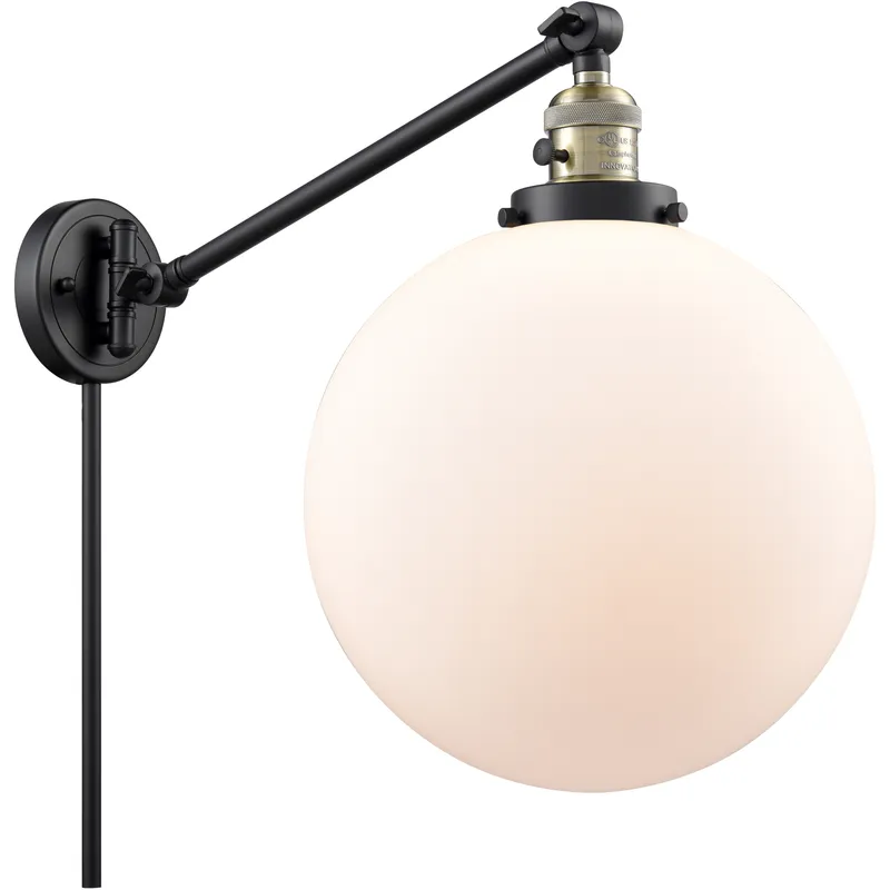 XX-Large Beacon 20 inch 100 watt Black Antique Brass Swing Arm Wall Light in Matte White Glass, Franklin Restoration