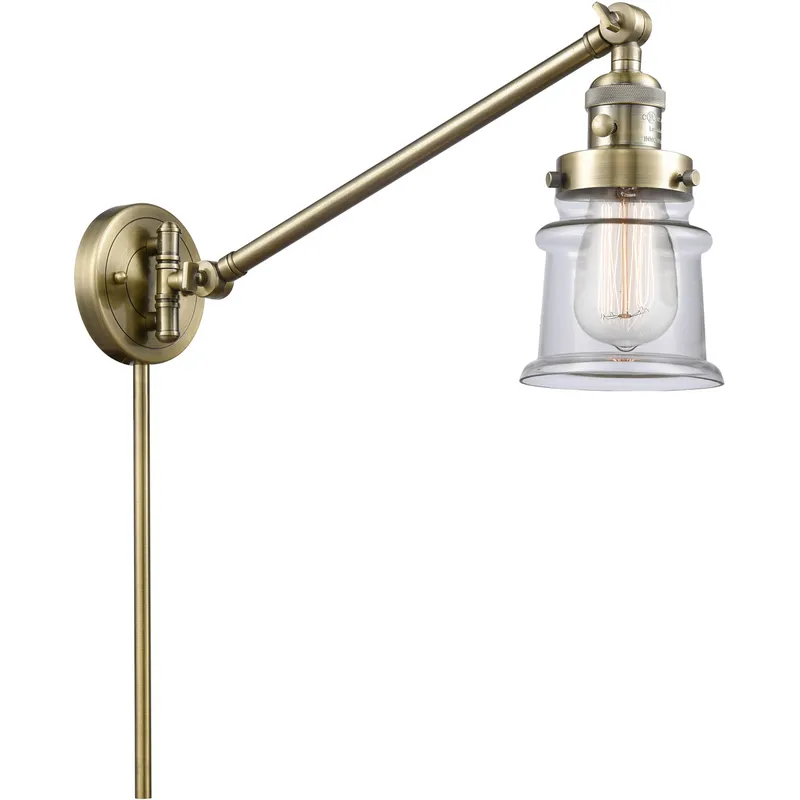 Small Canton 35 inch 3.5 watt Antique Brass Swing Arm Wall Light in Clear Glass, Franklin Restoration