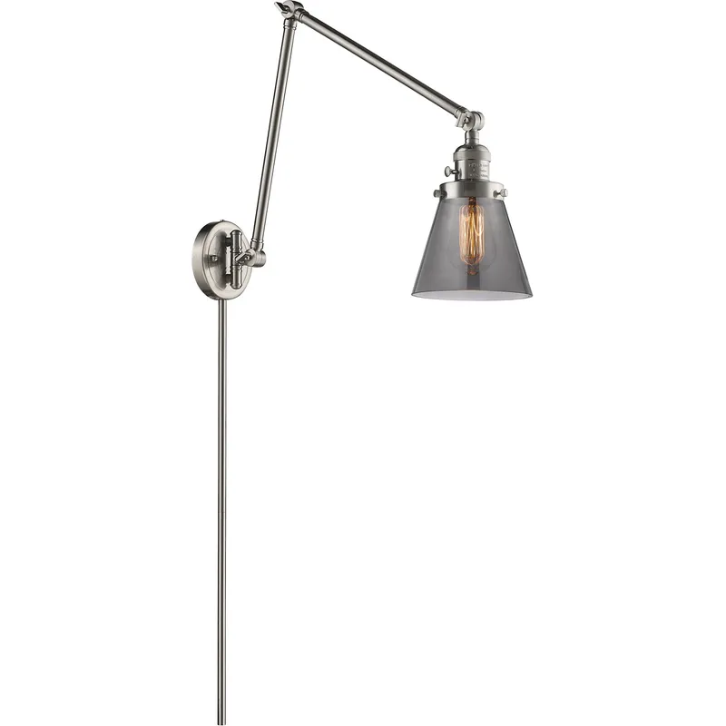 Small Cone 30 inch 60 watt Brushed Satin Nickel Swing Arm Wall Light in Light Smoke Glass, Franklin Restoration