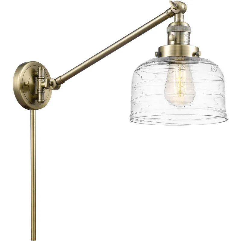 Franklin Restoration Bell 21 inch 100 watt Antique Brass Swing Arm Wall Light in Clear Deco Swirl Glass