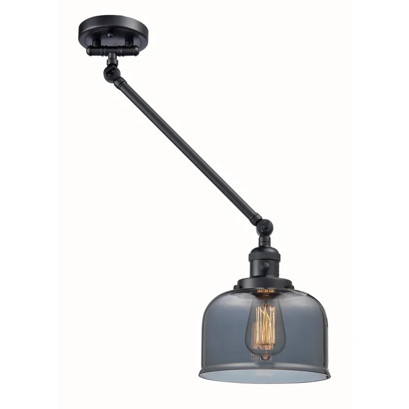 Large Bell 21 inch 60 watt Matte Black Swing Arm Wall Light in Light Smoke Glass, Franklin Restoration