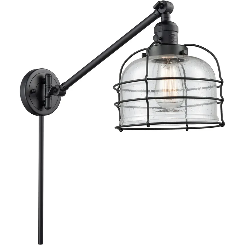 Large Bell Cage 21 inch 3.5 watt Matte Black Swing Arm Wall Light in Seedy with Cage, Franklin Restoration