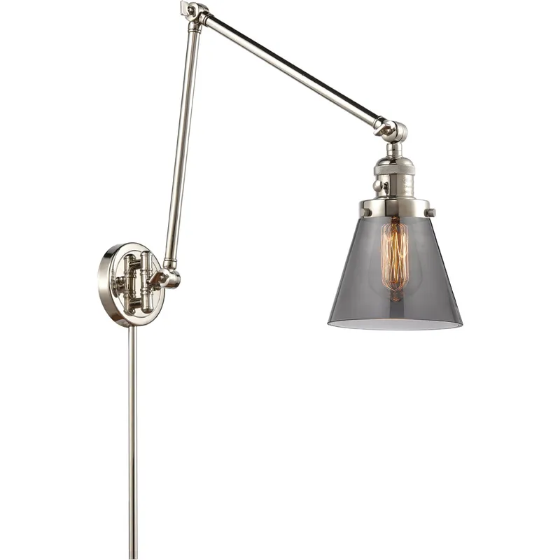 Small Cone 30 inch 60 watt Polished Nickel Swing Arm Wall Light in Light Smoke Glass, Franklin Restoration