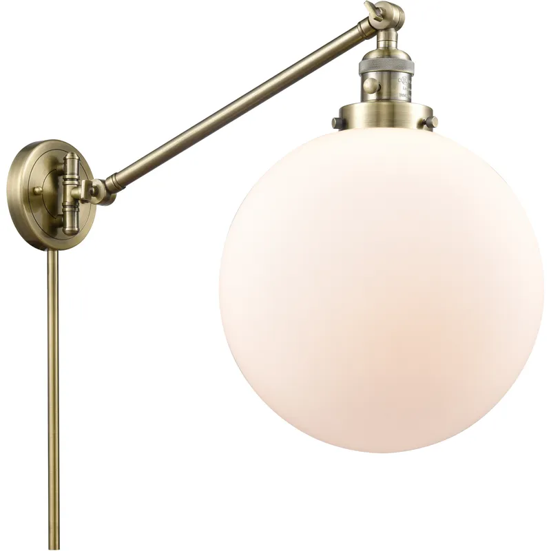 XX-Large Beacon 20 inch 100 watt Antique Brass Swing Arm Wall Light in Matte White Glass, Franklin Restoration