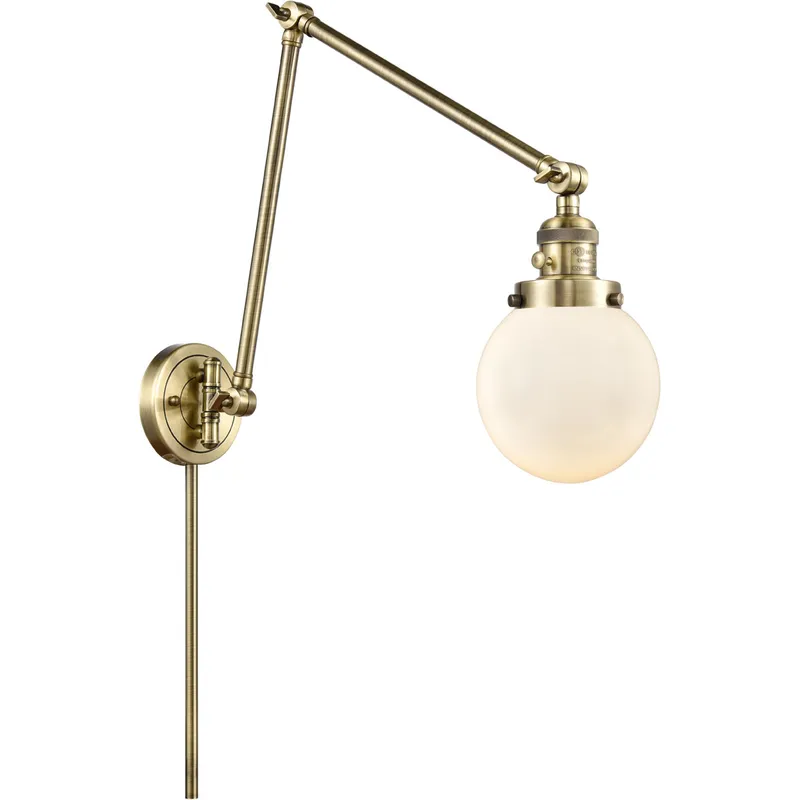 Beacon 30 inch 3.5 watt Antique Brass Swing Arm Wall Light in Matte White Glass, Franklin Restoration