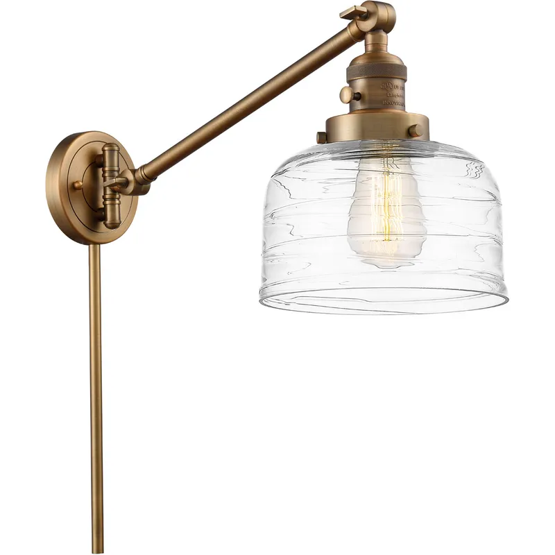 Franklin Restoration Bell 21 inch 100 watt Brushed Brass Swing Arm Wall Light in Clear Deco Swirl Glass
