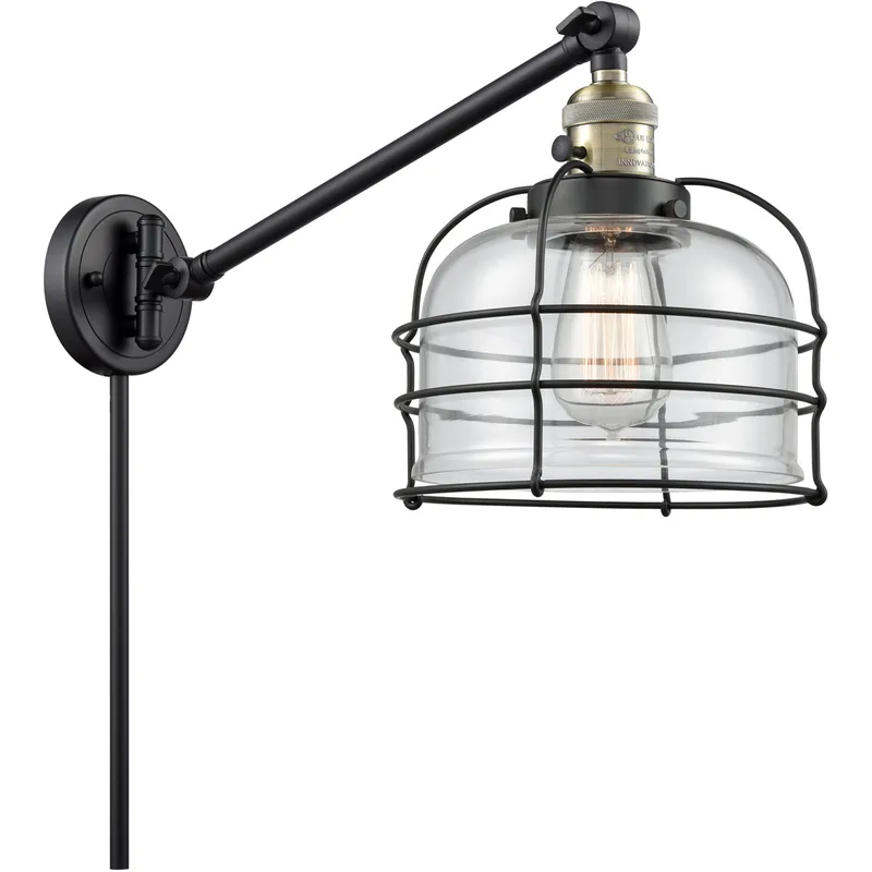 Large Bell Cage 21 inch 60.00 watt Black Antique Brass Swing Arm Wall Light, Franklin Restoration