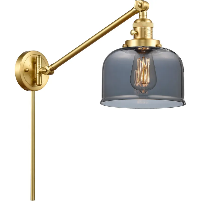 Large Bell 21 inch 60 watt Satin Gold Swing Arm Wall Light in Light Smoke Glass, Franklin Restoration