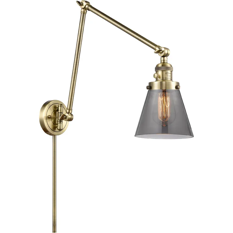 Small Cone 30 inch 60 watt Antique Brass Swing Arm Wall Light in Light Smoke Glass, Franklin Restoration