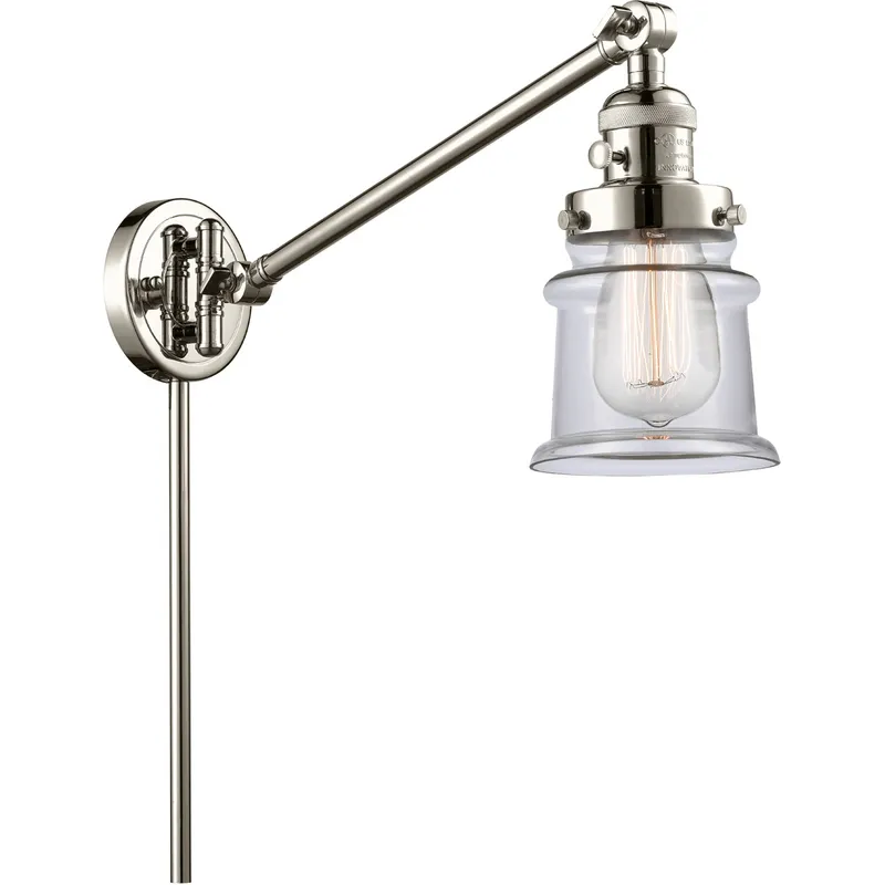 Small Canton 35 inch 3.5 watt Polished Nickel Swing Arm Wall Light in Clear Glass, Franklin Restoration