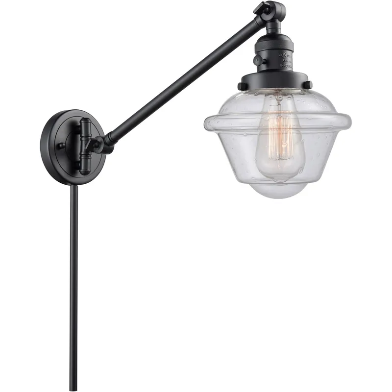 Small Oxford 30 inch 3.5 watt Matte Black Swing Arm Wall Light in Seedy Glass, Franklin Restoration