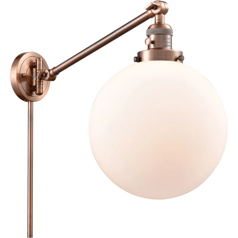X-Large Beacon 18 inch 3.5 watt Antique Copper Swing Arm Wall Light in Matte White Glass, Franklin Restoration