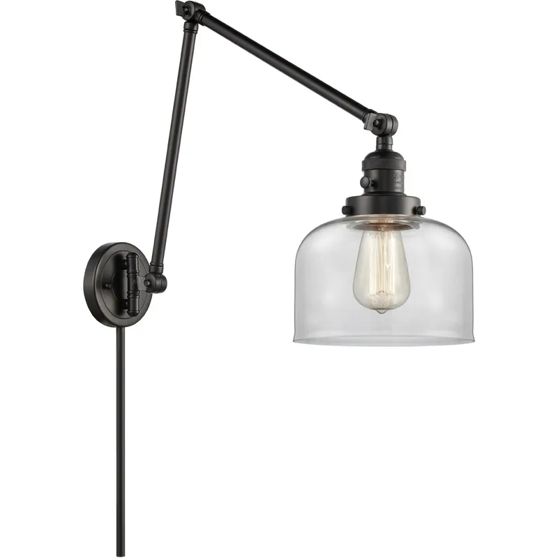 Large Bell 30 inch 100 watt Matte Black Swing Arm Wall Light in Clear Glass, Franklin Restoration