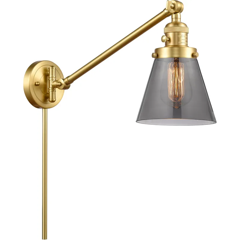 Small Cone 21 inch 60 watt Satin Gold Swing Arm Wall Light in Light Smoke Glass, Franklin Restoration